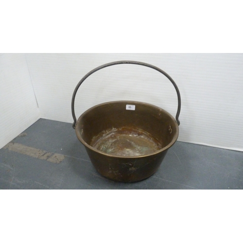 65 - Three graduated brass jelly pans with iron handles.  (3)