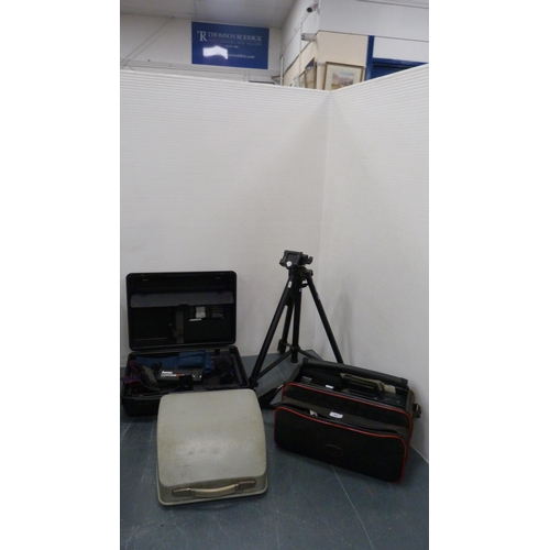 66 - Typewriter, Panasonic camera with accessories in a camera bag, tripod and attaché case containing ac... 