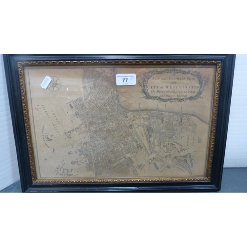 77 - 'Accurate Plan of the City of Westminster' in ebonised frame, Victorian-style prints to include loca... 