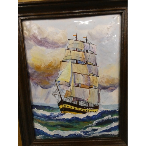 94A - Contemporary painted plaque, 'Nunez Segura' depicting a galleon at sea, framed.