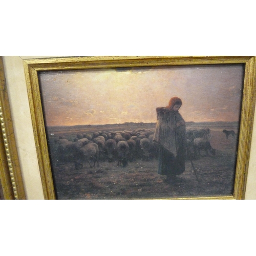 97 - Modern picture on canvas of a girl with sheep and another contemporary oil of a village scene by Ale... 