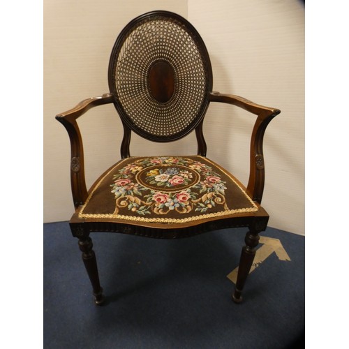 438 - Hepplewhite-style lady's mahogany and bergère open armchair, with floral embroidered seat, and a sim... 