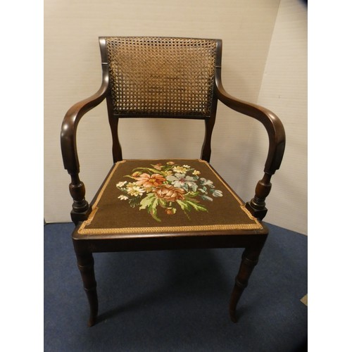 438 - Hepplewhite-style lady's mahogany and bergère open armchair, with floral embroidered seat, and a sim... 