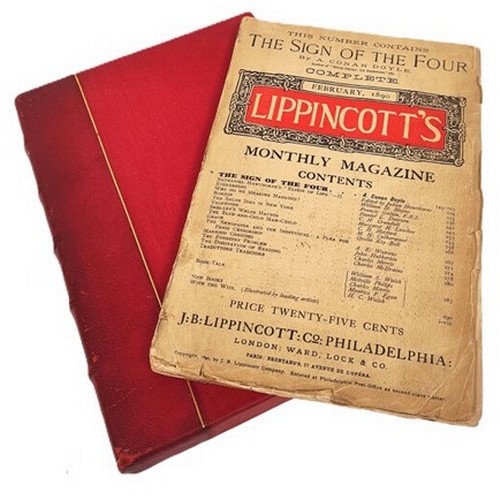 CONAN DOYLE SIR ARTHUR.  The Sign of the Four or The Problem of the Sholtos. Lippincott`s Monthly Magazine for February 1890 containing The Sign of the Four with frontis. & title running from p.145 to p.223. Price "25 cts". 24pp of adverts dated "Philadelphia, February, 1890" at the front (no ads. at end), concluding with VIII pp "With the Wits". Original publisher`s printed wrappers with adverts. A good example of this work in a late quarter red morocco slip case. First appearance in print of the second Sherlock Holmes story, American issue. Gibson and Green note "in the American issue of the magazine the frontispiece faces a special title-page (as here) and is therefore considered by some to constitute the first edition." This, believed to be the 2nd issue thereof, contains adverts dated "February 1890". The survival of this in Lippincott's Monthly Magazine in the original wrappers is rare.