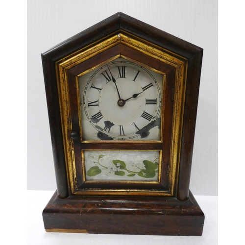 72 - Late 19th century American eight hour mantel clock of lancet form, twin train dial, 39cm high, and t... 