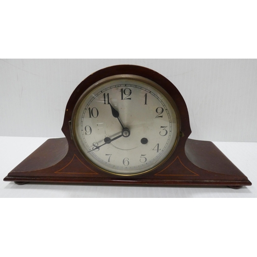 72 - Late 19th century American eight hour mantel clock of lancet form, twin train dial, 39cm high, and t... 