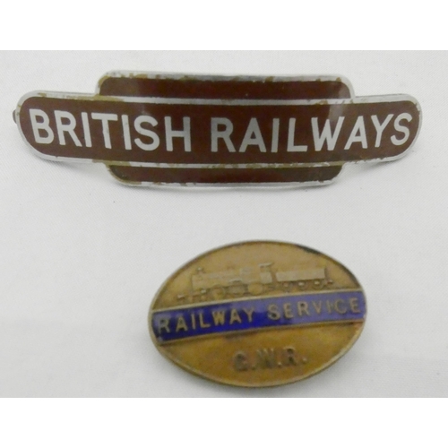 83 - Group of six railway and related badges to include British Railways badge on maroon ground by J Pinc... 