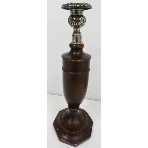 92 - Pair of neo-classical-style turned oak candlesticks with white metal sconces, 30cm high.  (2)