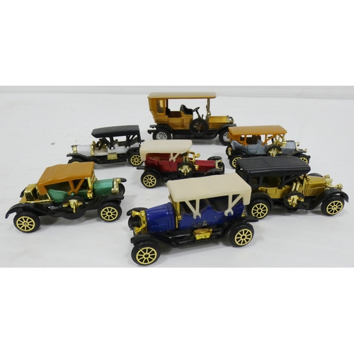 93 - Group of model scale diecast cars and buses, mainly by Lesney, to include a 1911 Ford Model T, 1907 ... 