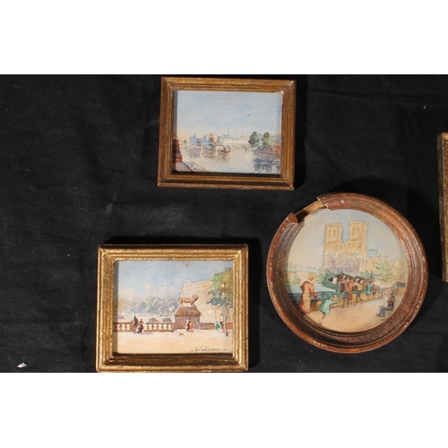 407 - Seven miniature watercolours of views of paris, indistinctly signed, the largest 8cm diameter. (7)