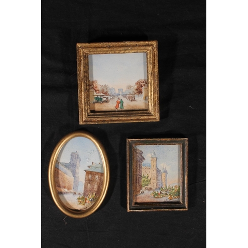 407 - Seven miniature watercolours of views of paris, indistinctly signed, the largest 8cm diameter. (7)