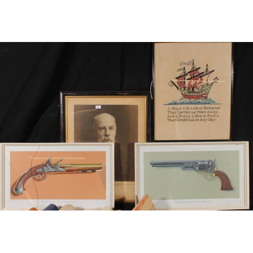 470 - Box of prints to include RONALD PATON, Brander flintlock pistol and Colt Percussion Revolver prints,... 