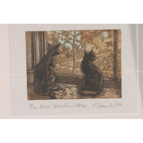 472 - PETER STANDEN, Romance, Bird Watching and Restaurant Cat, three limited edition etchings of cats, ea... 