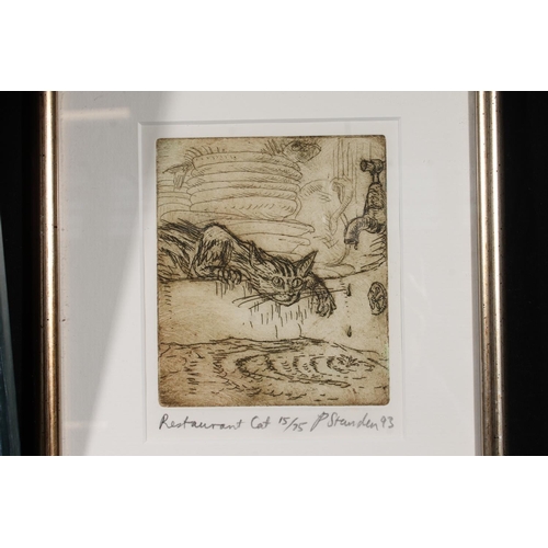 472 - PETER STANDEN, Romance, Bird Watching and Restaurant Cat, three limited edition etchings of cats, ea... 