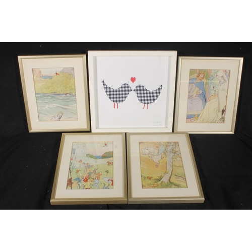 480 - BERTIE & JACK, Love Birds, mixed media, signed lower right, frame 27cm x 27cm and four framed fa... 