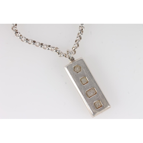 496 - Silver ingot pendant on silver chain, 56.7g.