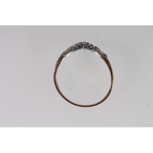 500 - 9ct gold emerald and diamond wishbone ring, 1.2g.