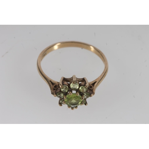 505 - 9ct gold and peridot cluster ring, 2.1g.