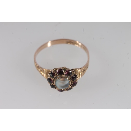 506 - Edwardian 9ct gold garnet and split pearl cluster ring, 1.4g.