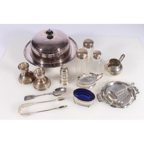 549 - Selection of hallmarked silver incl. cruet sets, candlesticks etc. together with a silver plated muf... 