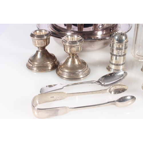 549 - Selection of hallmarked silver incl. cruet sets, candlesticks etc. together with a silver plated muf... 