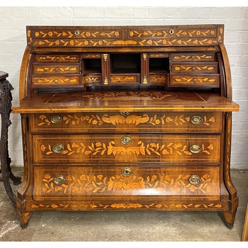 533 - Dutch 19th century marquetry roll top chest, with three drawers, 124 x 123.5 x 57 cm