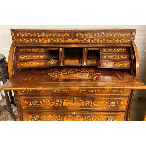 533 - Dutch 19th century marquetry roll top chest, with three drawers, 124 x 123.5 x 57 cm