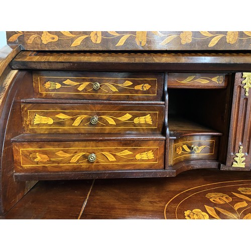 533 - Dutch 19th century marquetry roll top chest, with three drawers, 124 x 123.5 x 57 cm