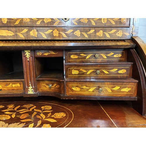 533 - Dutch 19th century marquetry roll top chest, with three drawers, 124 x 123.5 x 57 cm