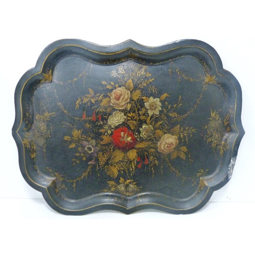 397 - Victorian painted lacquered and parcel gilt papier-mâché tray of cartouche form, raised... 