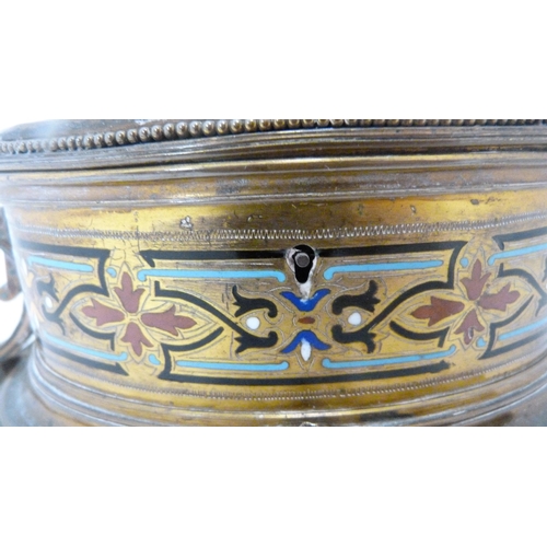 398 - French champlevé and gilt metal oval jewellery box, c. early 20th century, with bird surmount on stu... 