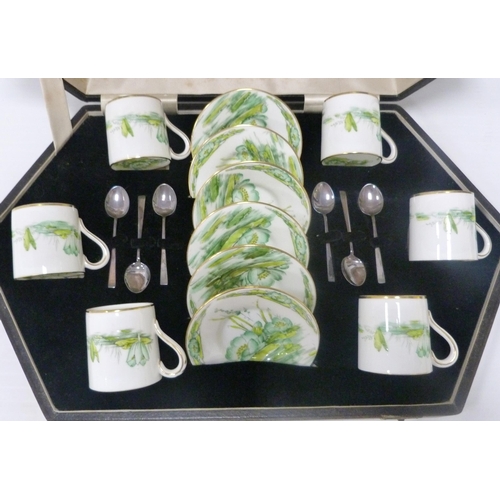 329 - Royal Paragon porcelain six-piece coffee set decorated with green-painted lily pads to the coffee ca... 