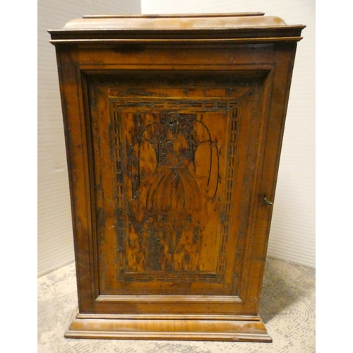 558 - Victorian satinwood apprentice-style wall cupboard with caddy top above an inlaid door, on plinth ba... 