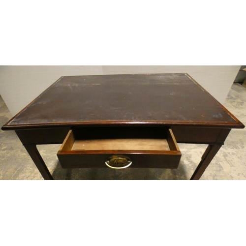 559 - Georgian mahogany writing table with later tooled inset above single short drawer, inlaid stringing ... 