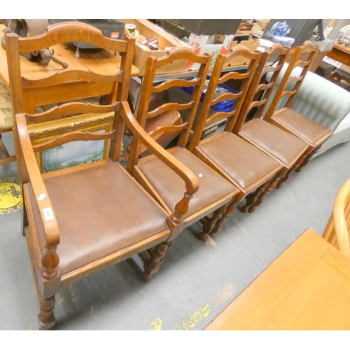 488 - Set of five oak ladder back dining chairs including carver.