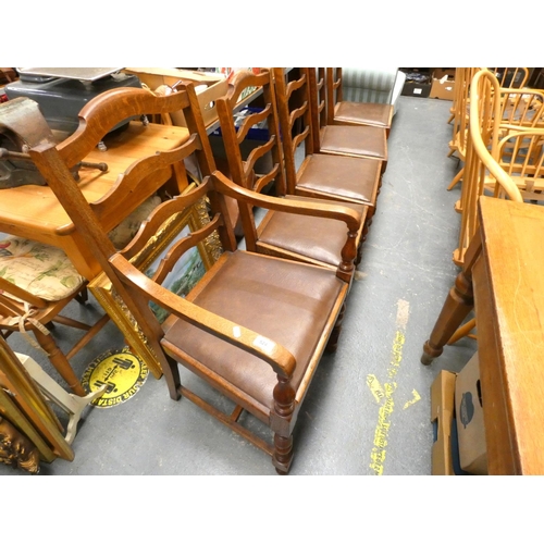 488 - Set of five oak ladder back dining chairs including carver.