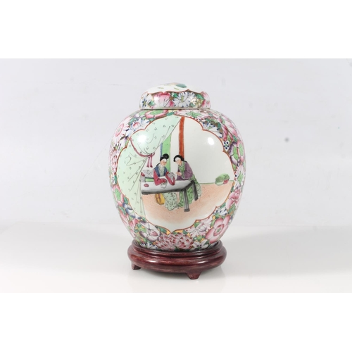 12 - Chinese Peranakan type porcelain ginger jar, mid 20thC, affixed to wooden base, H25cm.