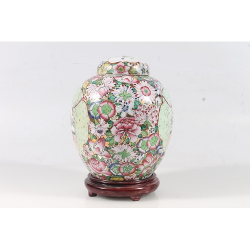 12 - Chinese Peranakan type porcelain ginger jar, mid 20thC, affixed to wooden base, H25cm.