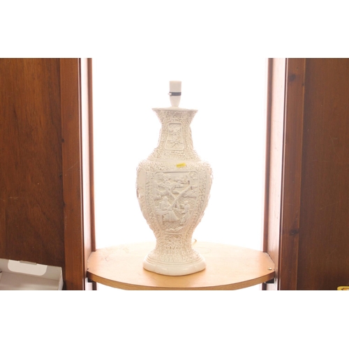 120 - Chinese blanc de chine style plaster table lamp, height to top of fitting 49cm.