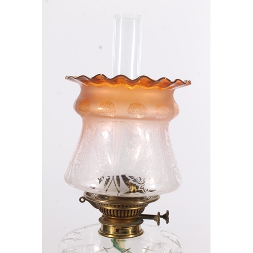 126 - Edwardian brass column oil lamp with clear font and etched shade, H75cm to top of funnel.