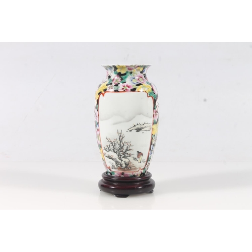 13 - Chinese Peranakan type porcelain vase, mid 20thC, affixed to wooden base, H16.3cm.