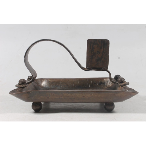 131 - Wrought metal tray with integral match box holder, L23cm.