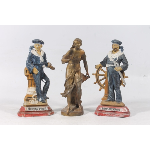 138 - Cast spelter Art Nouveau figure and a pair of Britains Pride naval fireside figures, H29cm.