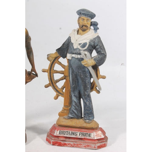 138 - Cast spelter Art Nouveau figure and a pair of Britains Pride naval fireside figures, H29cm.