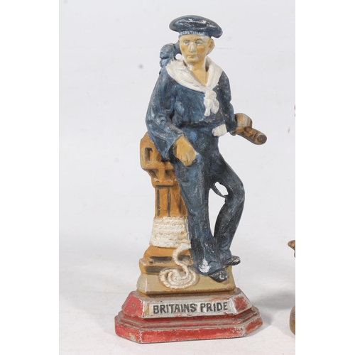 138 - Cast spelter Art Nouveau figure and a pair of Britains Pride naval fireside figures, H29cm.