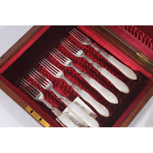 148 - Set of six late Victorian mother of pearl handled and silver plate knives and forks .