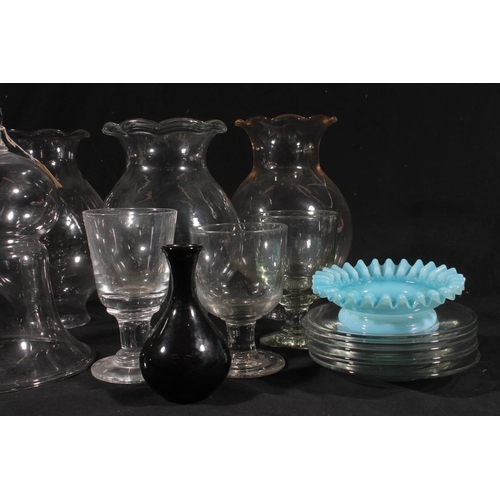 157 - 19th century glass rummer, two others, pair of coloured glass stands with frill edges, ice plates, t... 