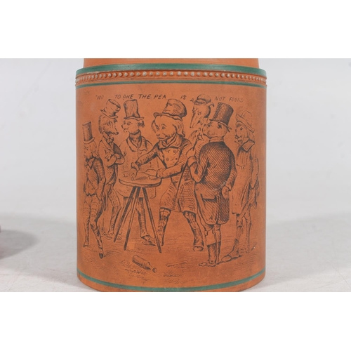 164 - Torquay style terracotta tobacco jar and cover decorated with 'The Unlucky Dog Telling His Tale' sce... 