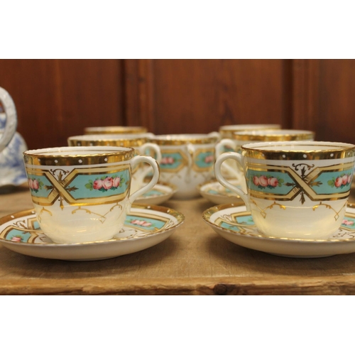 169 - Antique gilt and rose decorated part tea set.