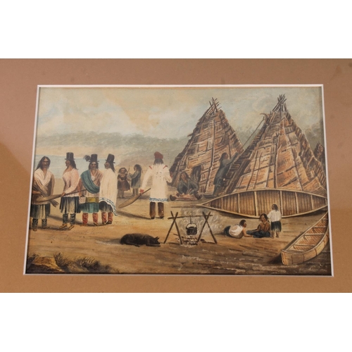 172 - 20TH CENTURY SCHOOL, three views of Upper Canada with natives in boat, tipi and a festival, watercol... 